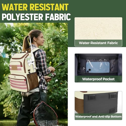 MATEIN Fishing Backpack Tackle Box, Water Resistant Tackle Backpack with Cooler & Rod Holders, Fishing Gifts for Men - color: Beige & Brown & Pink