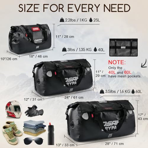 OSAH DRYPAK Waterproof Duffel Bag - Motorcycle Dry Bag Tail Bag with Large Storage Space, Waterproof Luggage Duffle Bags with Outer Mesh Zipper Pocket for Camping, Kayaking, Fishing & Traveling - color: Black, size: 60L