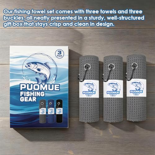Puomue 3 Pack Microfiber Fishing Towels with Clip, 16" X 16", Waffle Pattern for Effective Cleaning of Fishing Gears or Dirty Hands, Perfect for Camping Towels and Hiking Towles (Grey, 16"X16") - color: Grey
