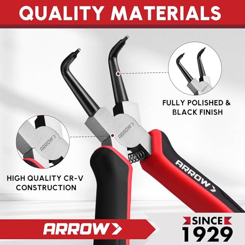 ARROW Snap Ring Pliers Set, 4-Piece Heavy Duty 7-Inch Internal/External Circlip Pliers with Straight & Bent Jaws, CR-V Steel, Spring-Loaded Precision C-Clip Removal Tool with Storage Pouch