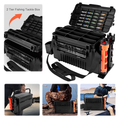 2 Tier Fishing Tackle Box Fishing Rod Reel Box with Cup & Rod Holder Fishing Gear Carry On Case Adjustable Fishing Organizer Case Large Capacity Fishing Accessories