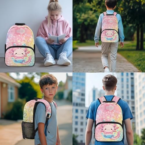 4 in 1 Kids Backpack Bookbag Set Cartoon Axolotl Backpacks School Bookbag with Lunch Box Bag and Pencil Bag Water Bottle Carrier Bag Set for Kids Teen Girls - color: Axolotl Print