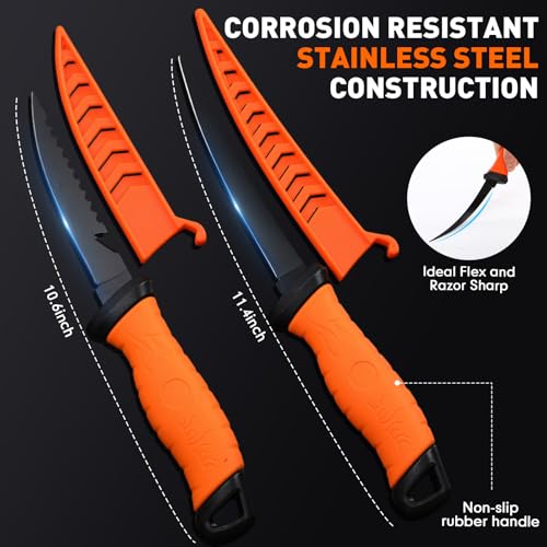 RoundFunny 13 Pcs Fishing Tool Kit, Fishing Pliers with Lanyard, Fillet Knife, Fish Lip Gripper, Hook Remover, Braid Scissors, Sharpening Rod, Tool Retractor, Gloves, Towel, Storage Bag