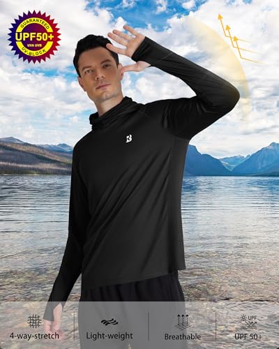 Roadbox Men's UPF 50+ Hooded Fishing Shirts Long Sleeve Sun Protection Hoodie, Hiking Running Swimming Rash Guard with Mask - color: Black, size: Medium