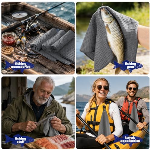Puomue 3 Pack Microfiber Fishing Towels with Clip, 16" X 16", Waffle Pattern for Effective Cleaning of Fishing Gears or Dirty Hands, Perfect for Camping Towels and Hiking Towles (Grey, 16"X16") - color: Grey