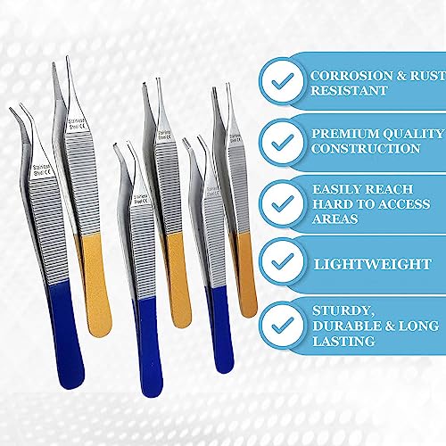 Set of 6 Adson Dressing Tissue Brown Forceps 4.75", Straight and Curved - Premium Quality Stainless Steel (A2Z BRAND)