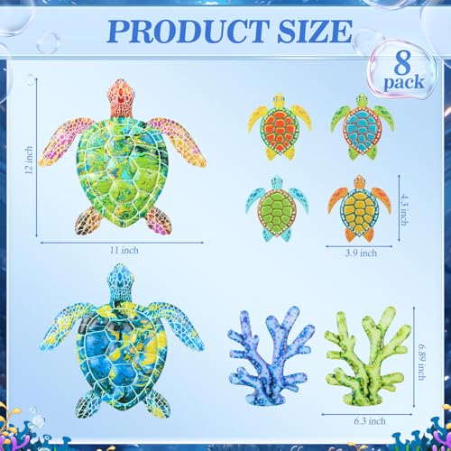 Tandefio 8 Pcs Metal Wall Decor Wall Art Hanging Decorations Outdoor Indoor Sculptures for Garden Fence Pool Home Porch (Turtle, Coral) - style: Turtle, Coral