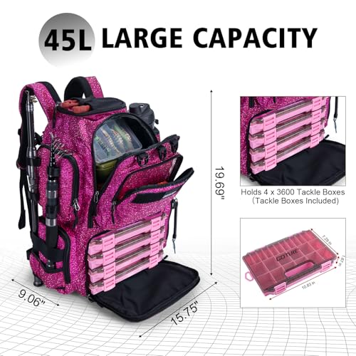 Goture Fishing Backpack with 4 Tackle Boxes,900D Water-Resistant Tackle Backpack with Rod Holders,45L Large Fishing Bag Storage Gear Tackle Bag with Rain Cover,Bottle Holder for Travel Camping Hiking - color: A3:bling Pink With 4 Tackle Boxes