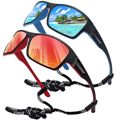 STORYCOAST Polarized Sports Sunglasses for Men Women Unbreakable Frame Cycling Fishing Driving - color: 2pack Blue Mirror+red Mirror