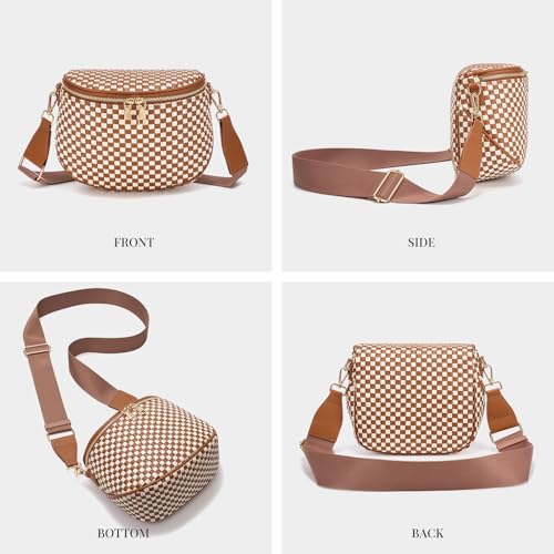 Woven Vegan leather Crossbody Bags For Women, Checkered Fashion PU Bum Bag Waist Pack, Travel Sling Purse with Adjustable Strap（Brown and White) - color: Brown and White