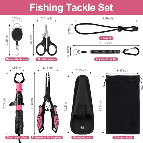 Fishing Gear Set for Women, 6PCS Fishing Accessories Tool Kit with Fish Lip Gripper & Pliers, Ice Pink Fishing Gear for Freshwater Saltwater, Gift for Fishermen,Gripper Fishing Gifts for Men