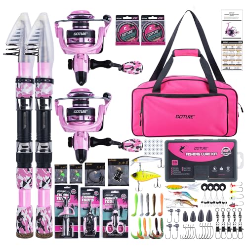 Goture Pink Fishing Rod and Reel Combo - ML Action Spinning Reel Pole with Pink Bag - Telescopic Rod Kit for Starter Travel Saltwater Freshwater, Gift for Woman - color: 2 Pink Poles - Duffle Bag without Bottle Opener, size: 9FT/2.7M