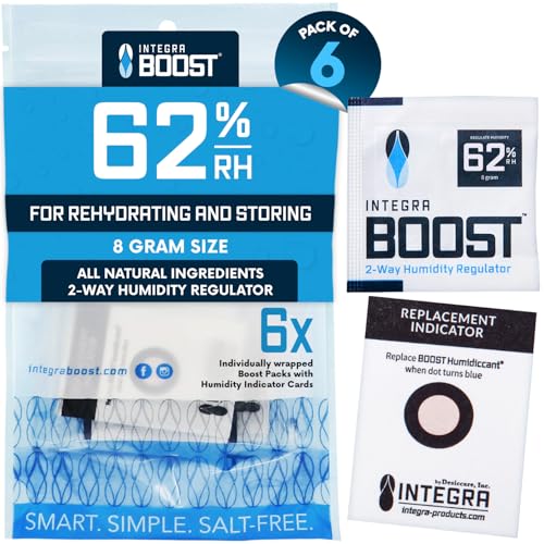 Integra Boost 62% RH, 2 Way Humidity Control Packs – 8g Size for Storing Up to 1oz – Pack of 6 Moisture Absorbers for Small Jars & Containers – Humidifier Packets for Herbs & Spices in Resealable Bag - size: Pack of 6