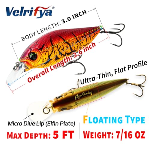 Flat Sided Japanese-Style Crankbait Elfin Shad – Medium Diving Bass Fishing Lure, Hard Bait Shad Crankbait for Freshwater Velrifya - color: 0A 3-Color Pack