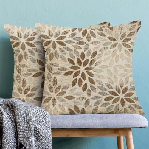 AEIOAE Brown Tan Pillow Covers 16 x 16 Inch Set of 2, Rustic Geometric Dahlia Flower Decorative Throw Pillow Covers Farmhouse Floral Cushion Covers for Couch Home Sofa Outdoor Decor - color: Brown Tan Floral, size: 16" x 16" (Pack of 1)