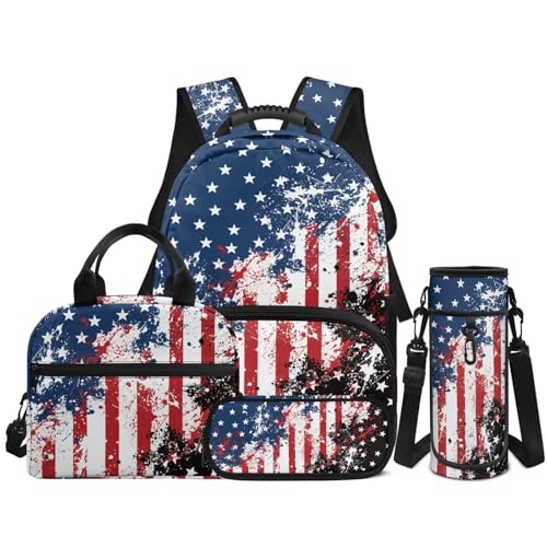American Flag Backpack for Boys 4 Pack School Bag Rucksack with Reusable Lunch Bag Water Bottle Carrier Bag Pencil Case Set - color: American Flag