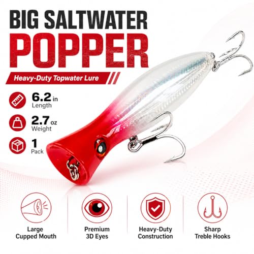 6.2 Inch 2.73 oz Saltwater Topwater Popper Fishing Lures with 3/0 4X Strengthened BKK Treble Hooks, Through-Wire for Strength & Durability, Target GT, Tuna, Sea Bass, Marlin - color: B2-2.73OZ-6.2''