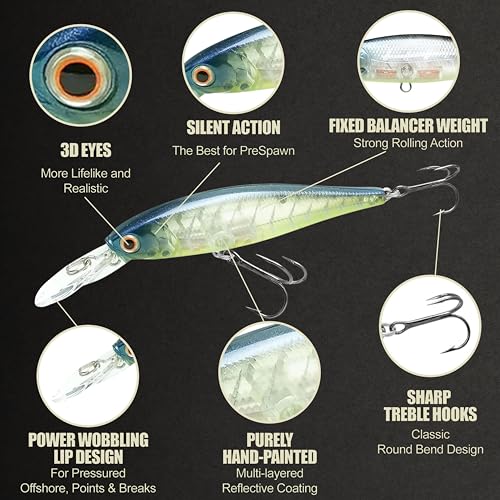 LUCKY CRAFT Pointer 78DD Freshwater Fishing Lure and Gear for Bass & Trout, 3 inch Deep Diving Suspending Jerkbait Fishing Line, Pressure-Ready Fish Bait, Premium Gear for Tackle Box, - color: 371 Bone Pro-Blue