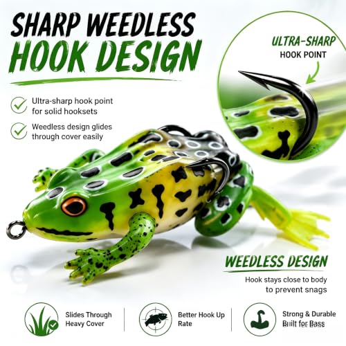 Topwater Frog Lures 5 Pack - Weedless Hollow Body Popping Frog for Bass Fishing, Lifelike Action with Double Hooks for Topwater Strikes