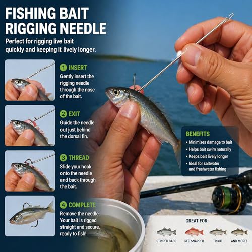 Stainless Steel Fishing Bait Rigging Needles Threader Set, Fish Bait Worm-Minnow-Anchovy Threader Needle Rustproof Threading Tool for Saltwater Freshwater Fishing Tackle Kit - size: 5"Long