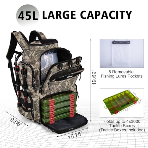 Goture Fishing Backpack with 4 Tackle Boxes,900D Water-Resistant Tackle Backpack with Rod Holders,SBS Zippers,45L Large Tackle Storage Gear Bag with Rain Cover,Bottle Holder for Travel Camping Hiking - color: A1:3# Camo, size: Include 4 Tackle Boxes