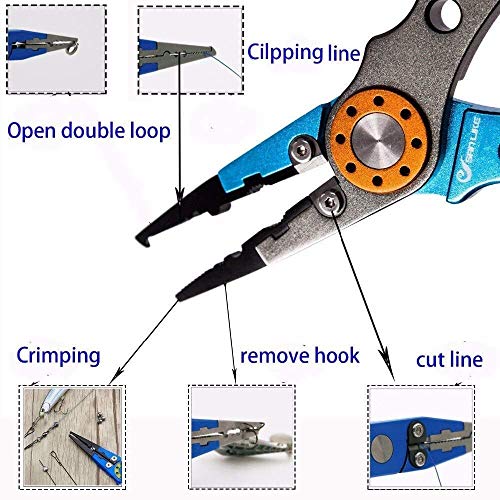 Lixada Fishing Pliers Saltwater Aviation Aluminum with Sheath and Lanyard - Braid Cutters Split Ring Pliers Hook Remover Line Cutting Stainless Steel Jaw Fish Holder, Durable & Lightweight - color: Blue & Silver