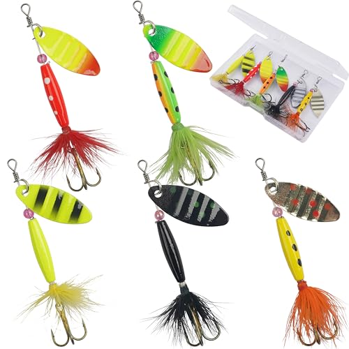 Spinner Baits Bass Lures Rooster Feather Tail Fishing Lures Trout Lures Hard Metal Inline Spinnerbaits for Bass Trout Pike Walleye Salmon with Tackle Box - style: B-10pcs-3"-0.27oz