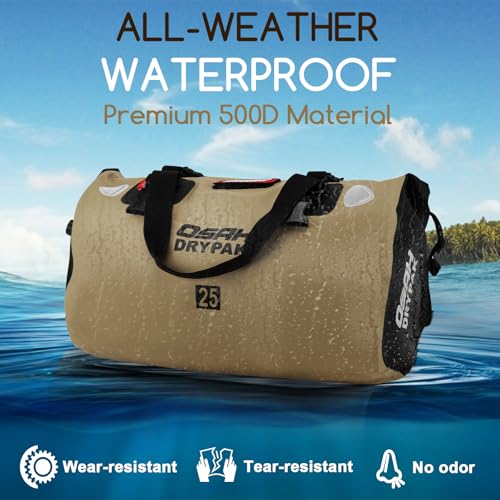OSAH DRYPAK Waterproof Duffel Bag - Motorcycle Dry Bag Tail Bag with Large Storage Space, Waterproof Luggage Duffle Bags with Outer Mesh Zipper Pocket for Camping, Kayaking, Fishing & Traveling - color: Brown, size: 25L