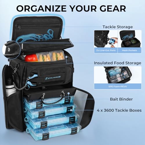 Calamus GearMaster Tackle Backpack with Bait Binder, Large Lightweight Water-Resistant Fishing Bag, Rod Holders, Food Storage - color: Black With (4) 3600 Tackle Boxes