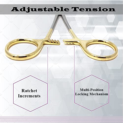 Rochester Carmalt Hemostatic Forceps Straight + Curved with Cross Serrated Jaws and Longitudinal Grooves - Premium Stainless Steel - Self Locking Artery Hemostats 6.25 Inch- Gold Handle Set of 2