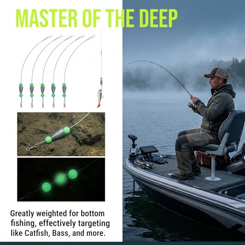 5Pcs Fishing Rigs for Trout Catfish Perch 12 Inch Steel Leader Lines with Fishing Weight 1/4oz Swivels Freshwater Saltwater Pre-Rigged Hooks for Limb Lines Metal Catfishing Finder Gear