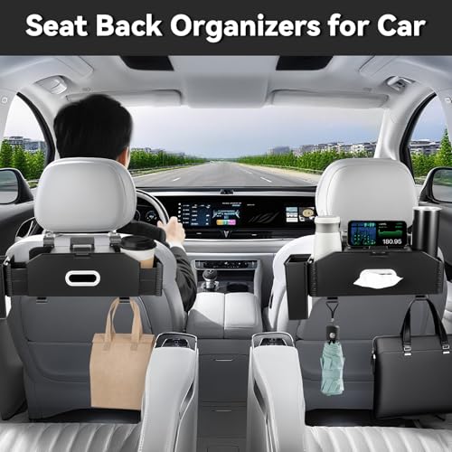 7-In-1 Car Seat Back Organizer with Cup Holders, Tissue Box, Removable Trash Can & Hooks, Multifunctional Car Seat Back Storage Box, Extra Headrest Cup Holder for Backseat (Black02) - color: Black02