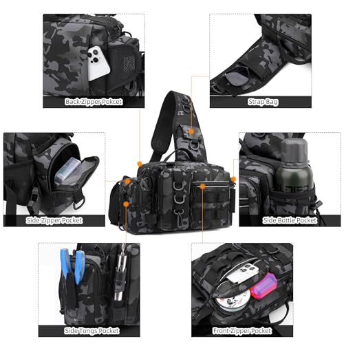 Fishing Tackle Storage Bag – Sling Waist Pack with Adjustable Widen Shoulder Straps, 12 Compartments for Fishing Gear, Lures, Hooks & Accessories Durable & Lightweight for Outdoor Anglers, Black