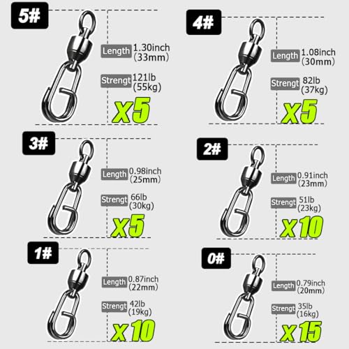 9KM DWLIFE Fishing Swivels & Snaps 25Pcs & Quick Change SnapsHigh Strength Snap Swivels Stainless Ball Bearing Fishing Swivels Freshwater/Freshwater - size: (Set 0#-5#)-50pcs
