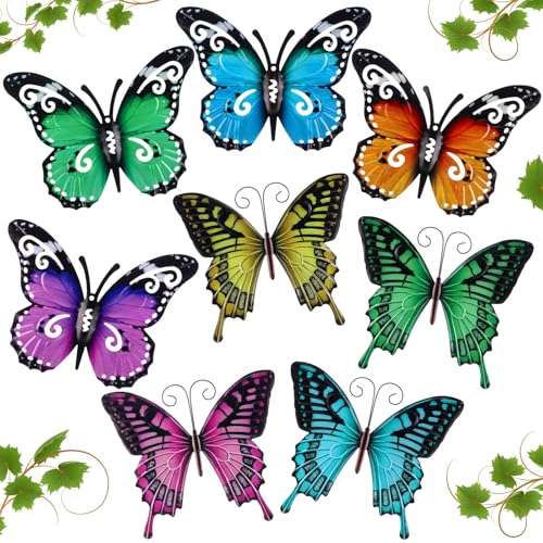 Tandefio 8 Pcs Metal Wall Decor Wall Art Hanging Decorations Outdoor Indoor Sculptures for Garden Fence Pool Home Porch(Butterfly) - style: Butterfly