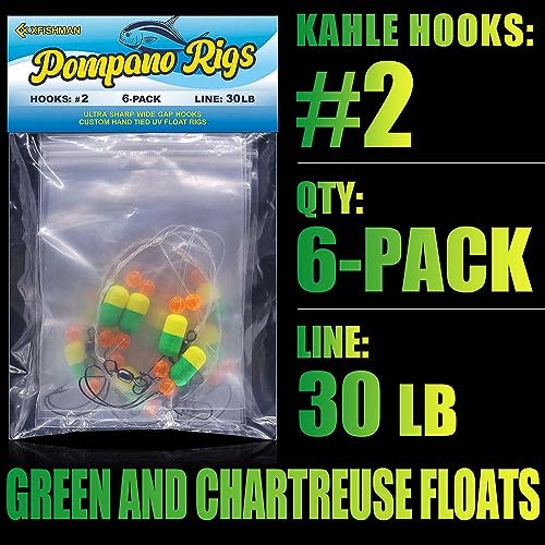 Pompano-Rigs-for-Surf-Fishing-Saltwater-Gear with Double Circle & Wide Gap Hook-6-Pack Surf Fishing Tackle - color: Green and Chartreuse 6-Pack, size: #2 Wide Gap Hook