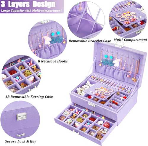 QBestry 3-Layer Jewelry Box for Girls & Teens with Lock and Key, Large Jewelry Organizer with 8 Necklace Hooks & 56 Earring Holes, Violet Velvet Jewelry Storage Box for Necklace Earring Ring Bracelet - color: Violet