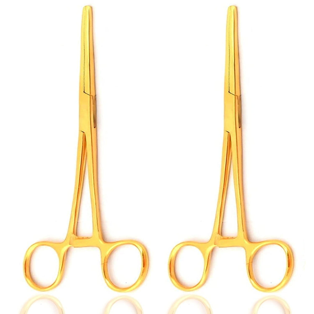 2 Piece Curved & Straight 8" Hemostat Set, Stainless Steel Locking Tweezer Clamps - Ideal Hemostats for Nurses, Fishing Forceps, Crafts and Hobby (Gold) - color: Gold
