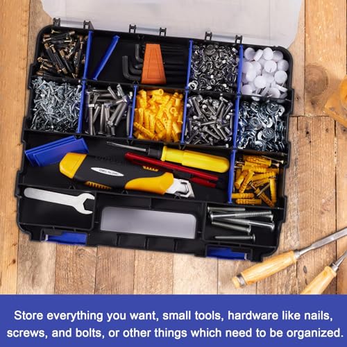 AIDY-PRO Hardware Organizer Box 34 Compartments Small Parts Organizer with Removable Dividers Durable Plastic Double Side Tools Box Screw Organizers For Nuts, Bolts, Screws, Nails 2Pack - color: Blue, size: 2 PACK