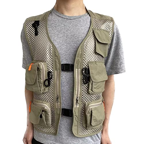 Men Mesh Breathable Multi-Pocket Vest Outdoor Travelers Fly Fishing Photography - color: Khaki, size: X-Small
