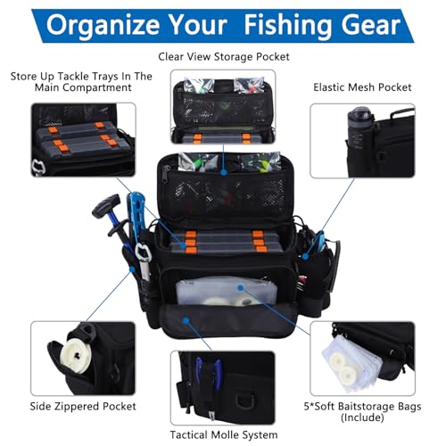 Fishing Tackle Bags with Tackle Box,Waterproof,Padded Shoulder Strap,Gear Storage,Fish Bag with 136 Pcs Fishing Lures Kit,Fish Hook Remover Tool,Fish Lip Gripper,Fishing Plier,Gifts for Men (Black) - color: Black