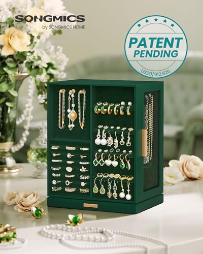 SONGMICS GISELLA Collection - Jewelry Box Organizer 360° Rotating, Vertical Jewelry Storage Case with 5 Drawers, Glass Window, Spacious, Open Design, Great Gift, Forest Green UJBC170C01 - color: Forest Green, size: 5 Drawers (6.3"d X 8.7"w X 11.2"h)