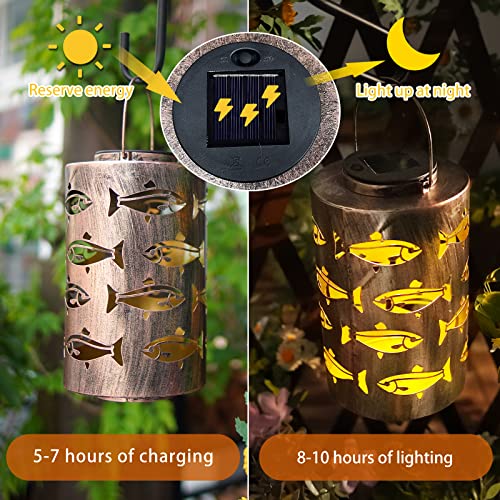 HONGLAND Solar Lanterns Outdoor Father Day Birthday Gifts for Women, Waterproof Hollowed-Out Fish Design with Warm White LED, Auto On/Off Solar Hanging Lights for Garden, Patio, Porch Decor - color: Fish