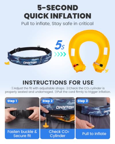 Owntop Manual Inflatable Belt Pack, Adults Swim Jacket with Blowpipe & Whistle, 24g CO2 Cylinder Included, Low Profile for Kayaking, Fishing, Paddle Sports - color: Camo Blue, size: One Size