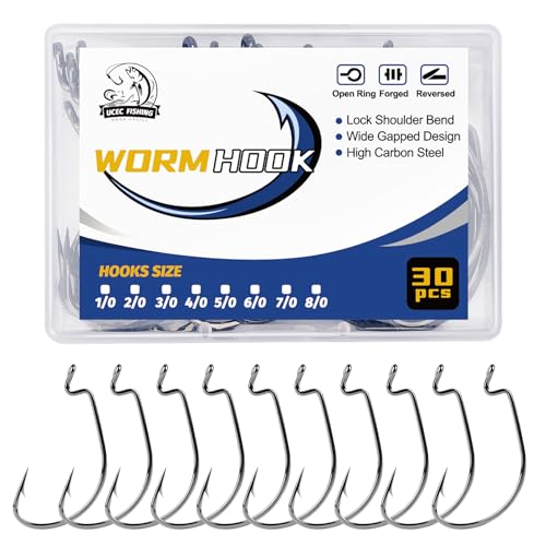 UCEC Fishing Hooks Offset Shank Worm Hooks Extra Wide Gap 2X Strong Carbon Steel Bait Jig for Bass Fishing Trout Catfish Saltwater Freshwater 1/0 2/0 3/0 4/0 5/0 30pcs/Box - size: 5/0 30pcs