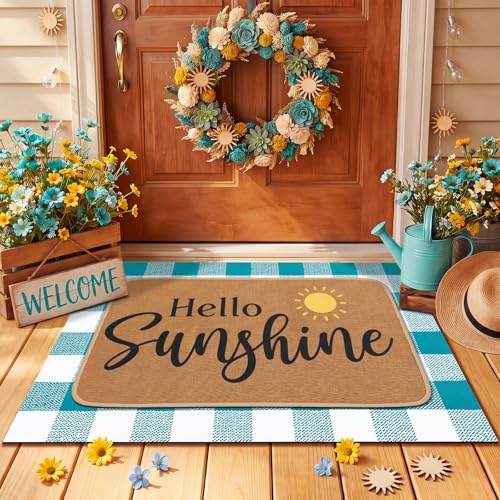 Tinideya 2 Pcs Hello Sunshine Door Mat Outdoor Layering Summer Welcome Mat for Front Door Rubber Linen Teal Blue White Buffalo Plaid Entrance Rug Summer Decor for Front Porch Outside Decor - size: 16 x 28 Inch,24 x 35 Inch, style: Hello Sunshine and Buffa