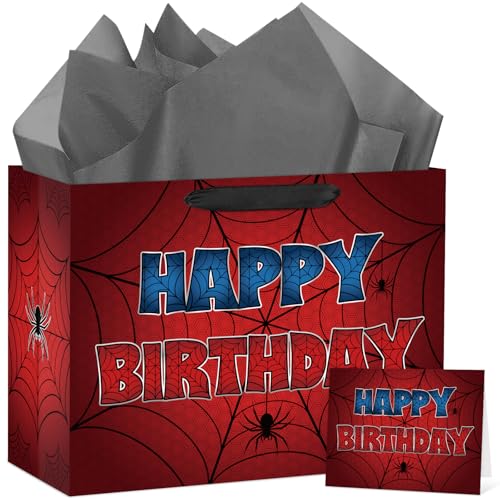 Hooqict Spider Gift Bag Happy Birthday Gift Wrapping Bag with Handles, Tissue Paper, Greeting Card for Kids Boys Teens Men Goodie Candy Treat Gift Box Spider Web Birthday Party Favors - color: Spider