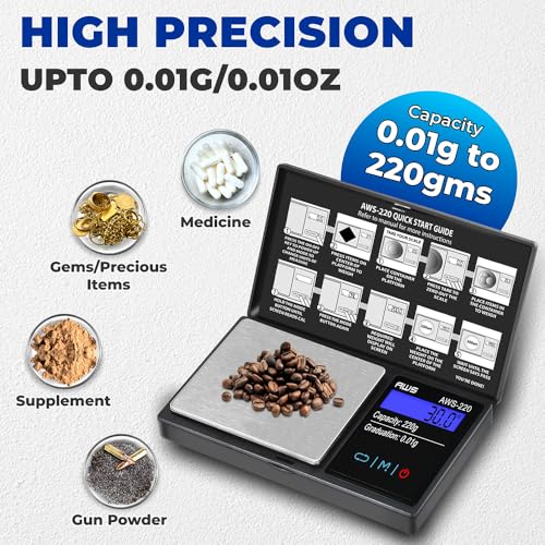 American Weigh Scales 220g x 0.01g Digital Pocket Weight Scale | Precision Digital Scale LCD Screen Accurately Measures Jewelry Gemstone Coins, Small Pocket Food Scale, Electronic Medicine Lab Scale - color: Black, size: 220g x 0.01g