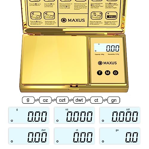 MAXUS Digital Gram Scale with 200g x 0.01g Capacity, Stylish Gold Plated Cover and Platform for Accurate and Precise Weighing of Jewelry, Grains, and Food in Grams and Ounces - color: Gold