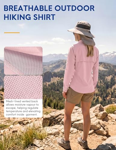 Haimont Women's UPF 50+ Long Sleeve Hiking Button Down Shirt | Quick-Dry, Mesh Back Vents, Roll-Up Tabs, Rod Holder, Lens Cloth, Camping & Travel - color: Pink, size: X-Small
